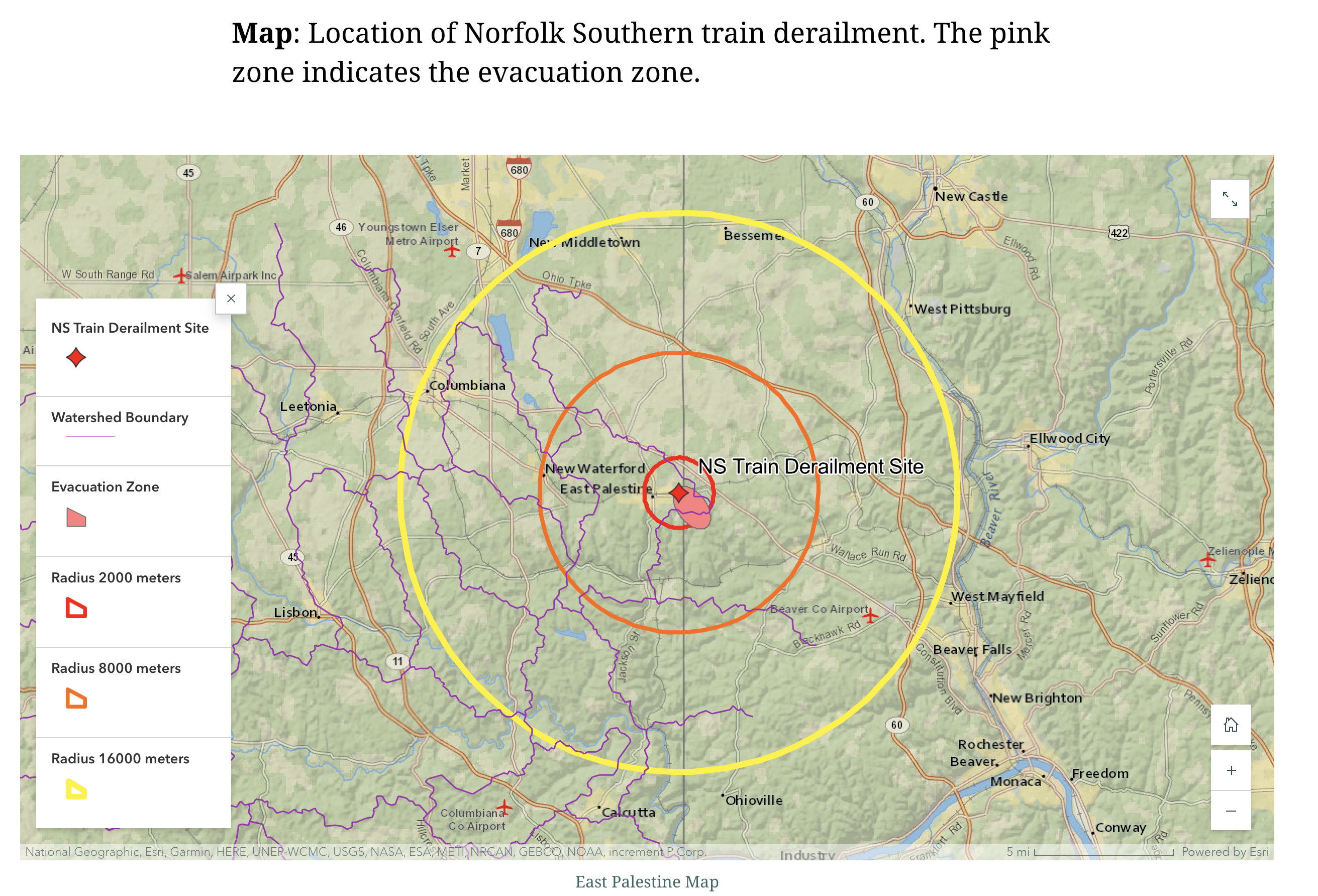 A map showing distances away from the site of the train derailment