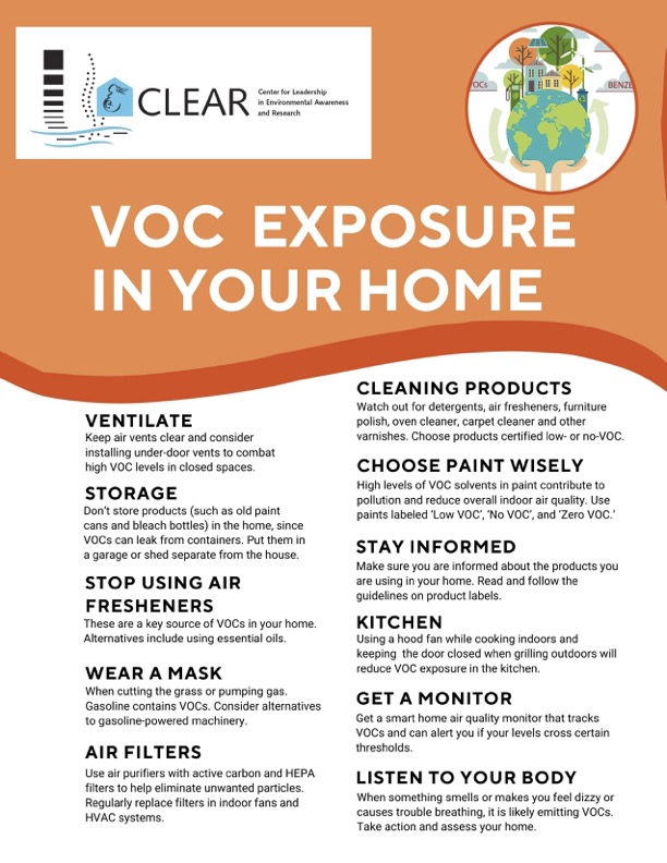 Advice on avoiding VOC exposure in homes, including ventilating, wearing mask while cleaning, choosing certified low or no VOC products